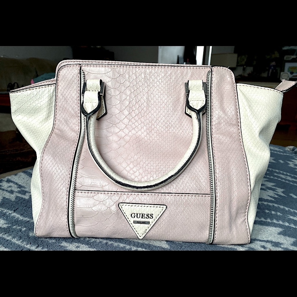 Pink and White GUESS Large Trapezoid Shoulder Bag Handbag Purse